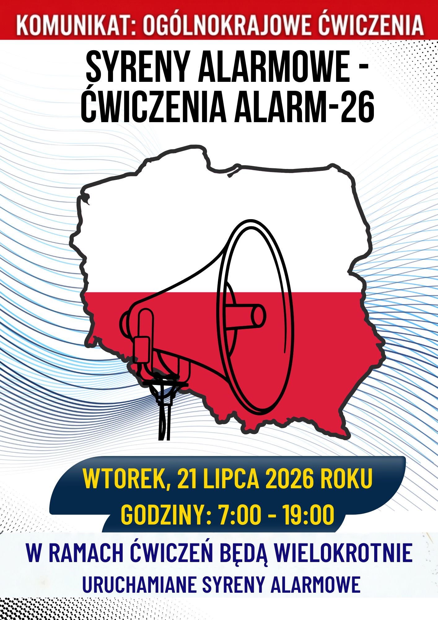 KOMUNIKAT: Og&oacute;lnokrajowe ćwiczenia ostrzegania i&nbsp;alarmowania ludności &bdquo;ALARM-26&rdquo;.