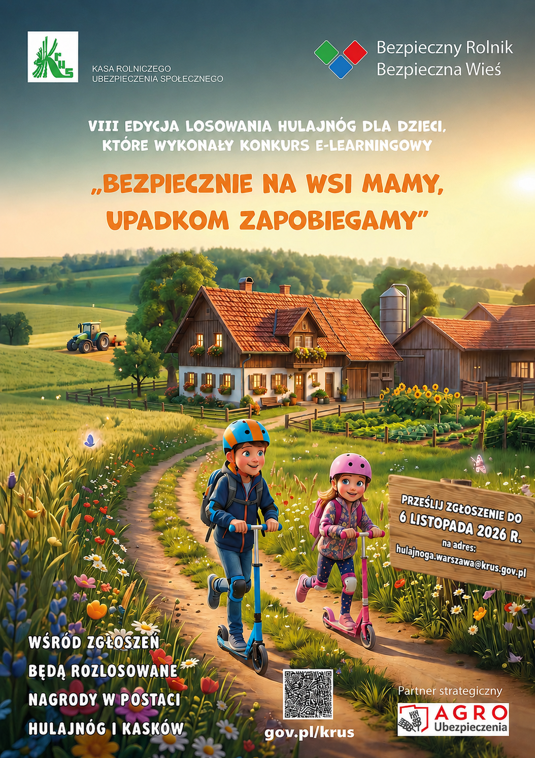 VIII Losowania hulajn&oacute;g dla dzieci, kt&oacute;re wykonają kurs e-learningowy pt. &bdquo;Bezpiecznie na&nbsp;wsi mamy &ndash; upadkom zapobiegamy&rdquo;