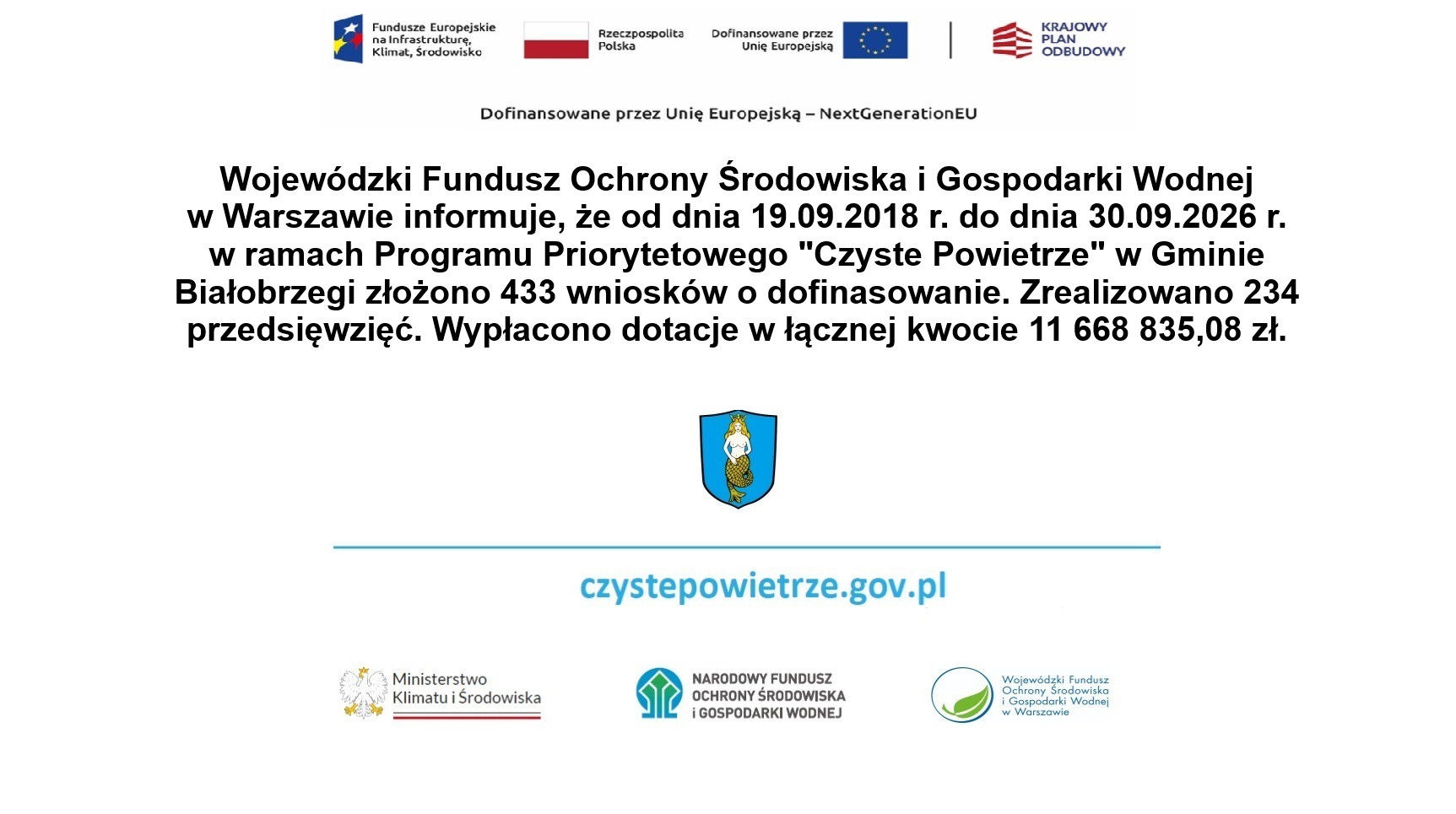 Realizacja Programu Priorytetowego Czyste Powietrze na&nbsp;terenie Gminy Białobrzegi według stanu na&nbsp;dzień 30.09.2026 r.
