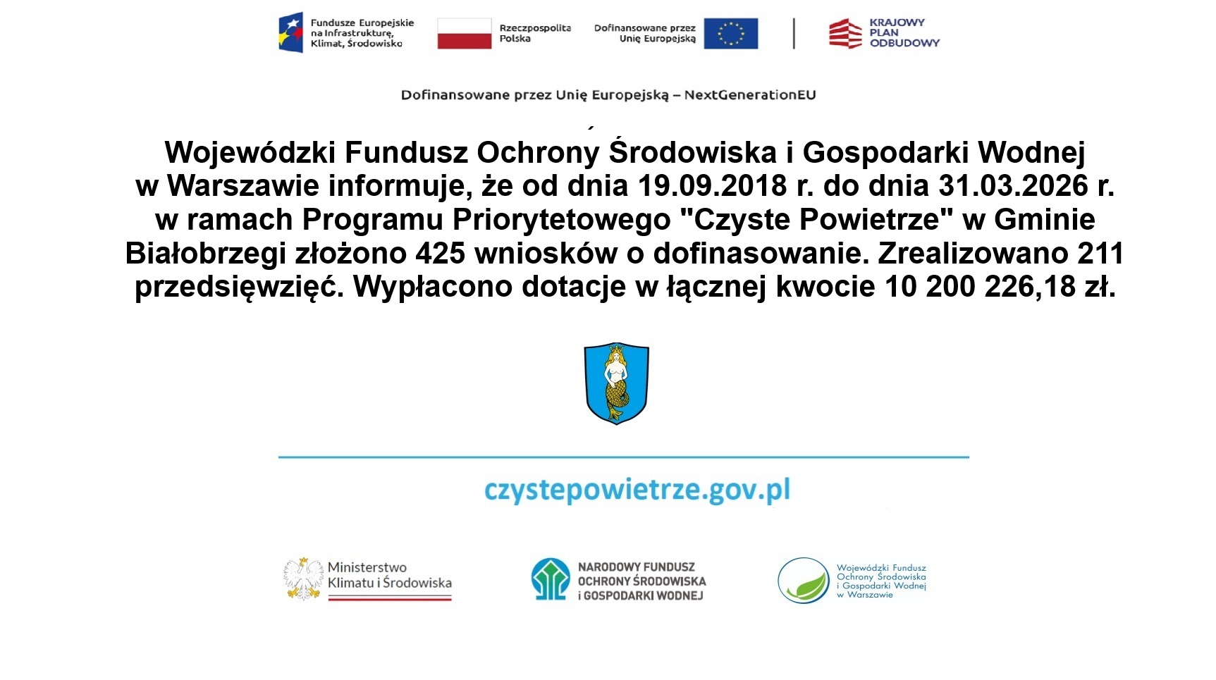 Realizacja Programu Priorytetowego Czyste Powietrze na&nbsp;terenie Gminy Białobrzegi według stanu na&nbsp;dzień 31.03.2026 r.