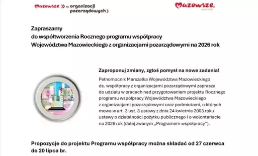 Zapraszamy  do współtworzenia Rocznego programu współpracy  Województwa Mazowieckiego z organizacjami pozarządowymi na 2026 rok